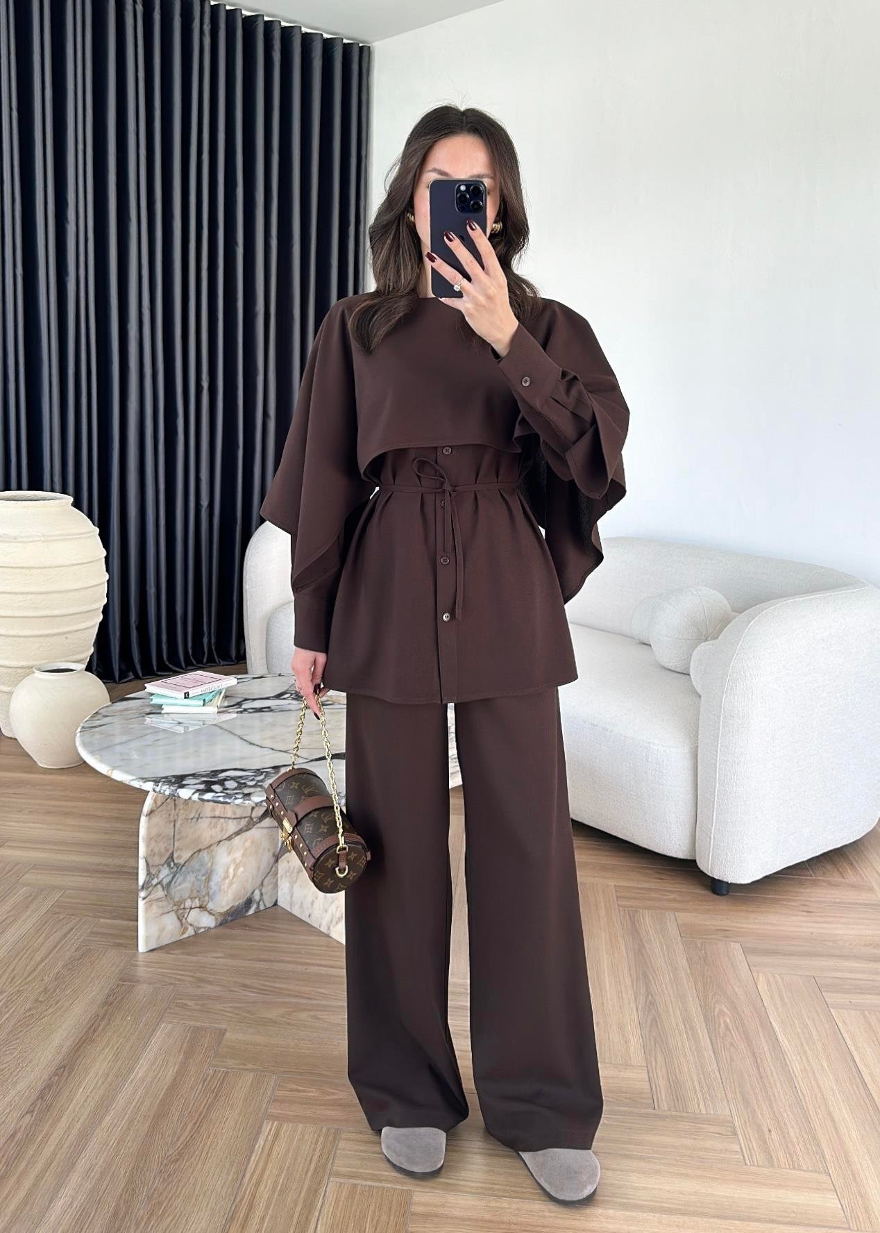 Pelerinli Palazzo Pantolonlu Takım ACI KAHVE