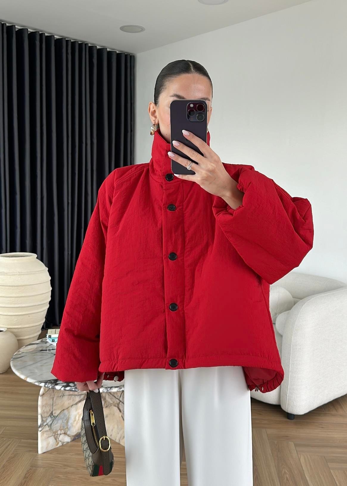 Dik Yakalı Arkası Uzun Mont KIRMIZI