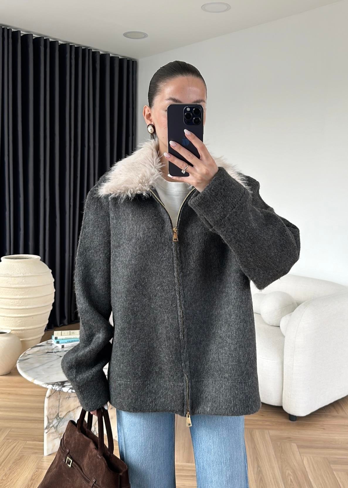 Çıkarılabilir Kürklü Hırka ANTRASİT