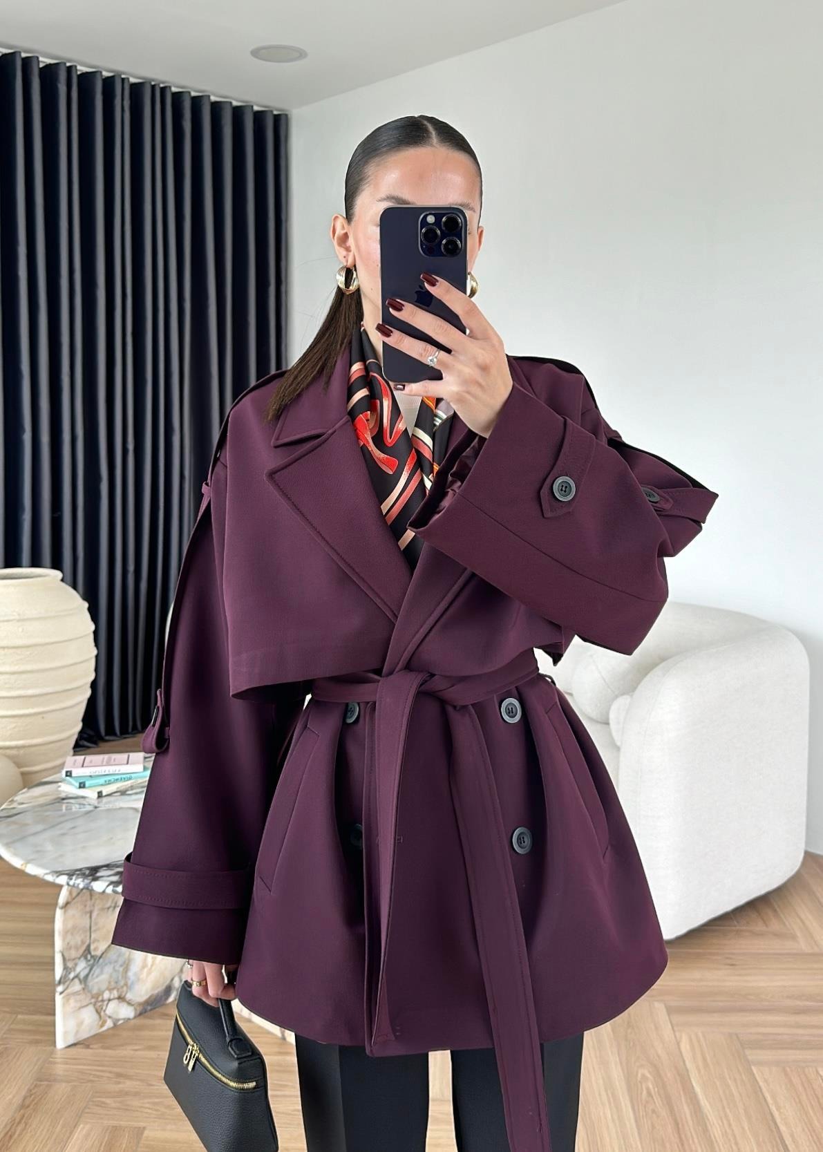 Rüzgarlıklı Ara Boy Trençkot MÜRDÜM